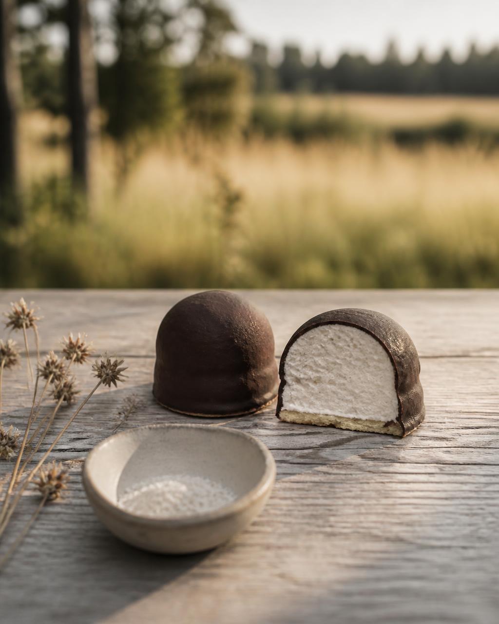Handgjorda chokladdoppade mellow cakes på väderbitet trä i naturligt eftermiddagsljus
