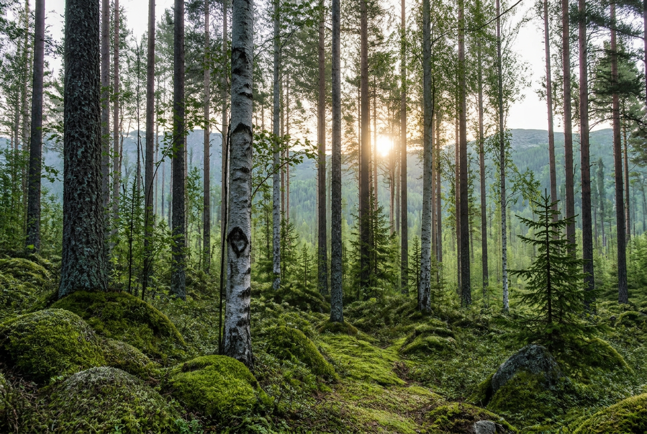 Nordisk skog i mjukt ljus