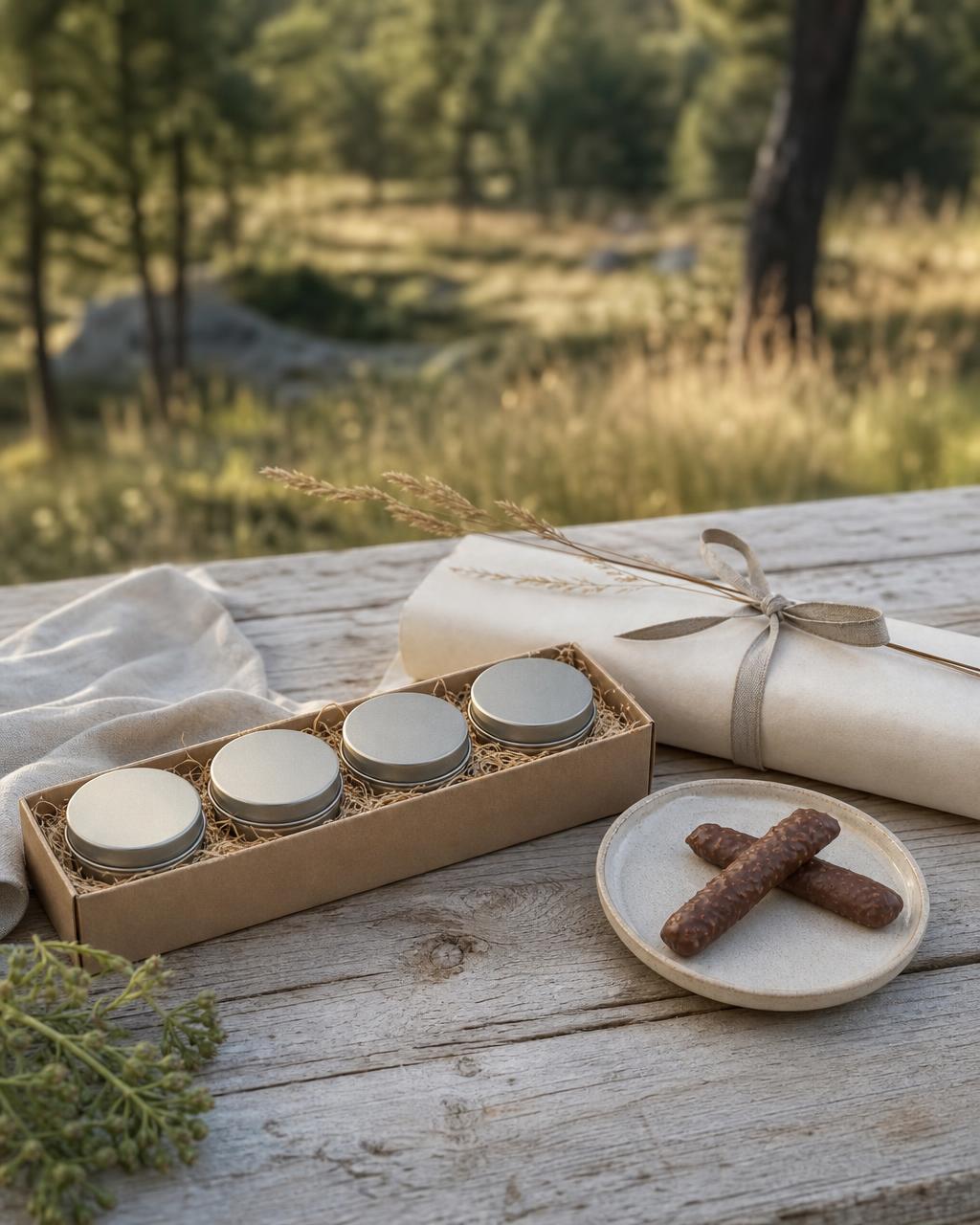 Bivaxbalsam och mellow cakes samlade på en fiberbricka av naturmaterial på väderbitet trä